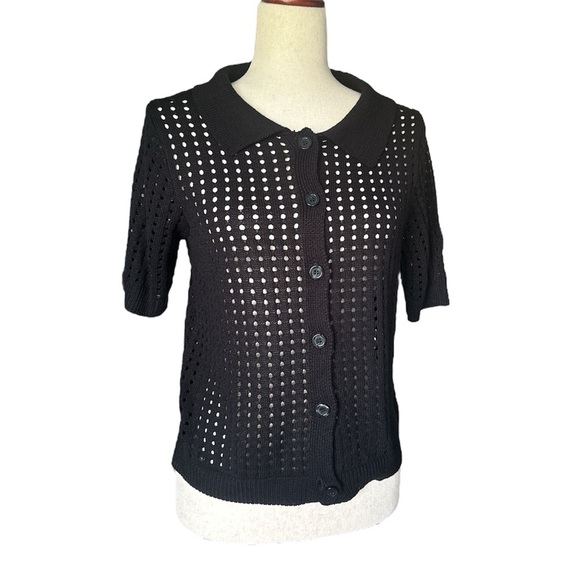 By Design Black Crochet Open-Knit Button-Up Short Sleeve Top Cardigan Spring  L - Picture 1 of 6